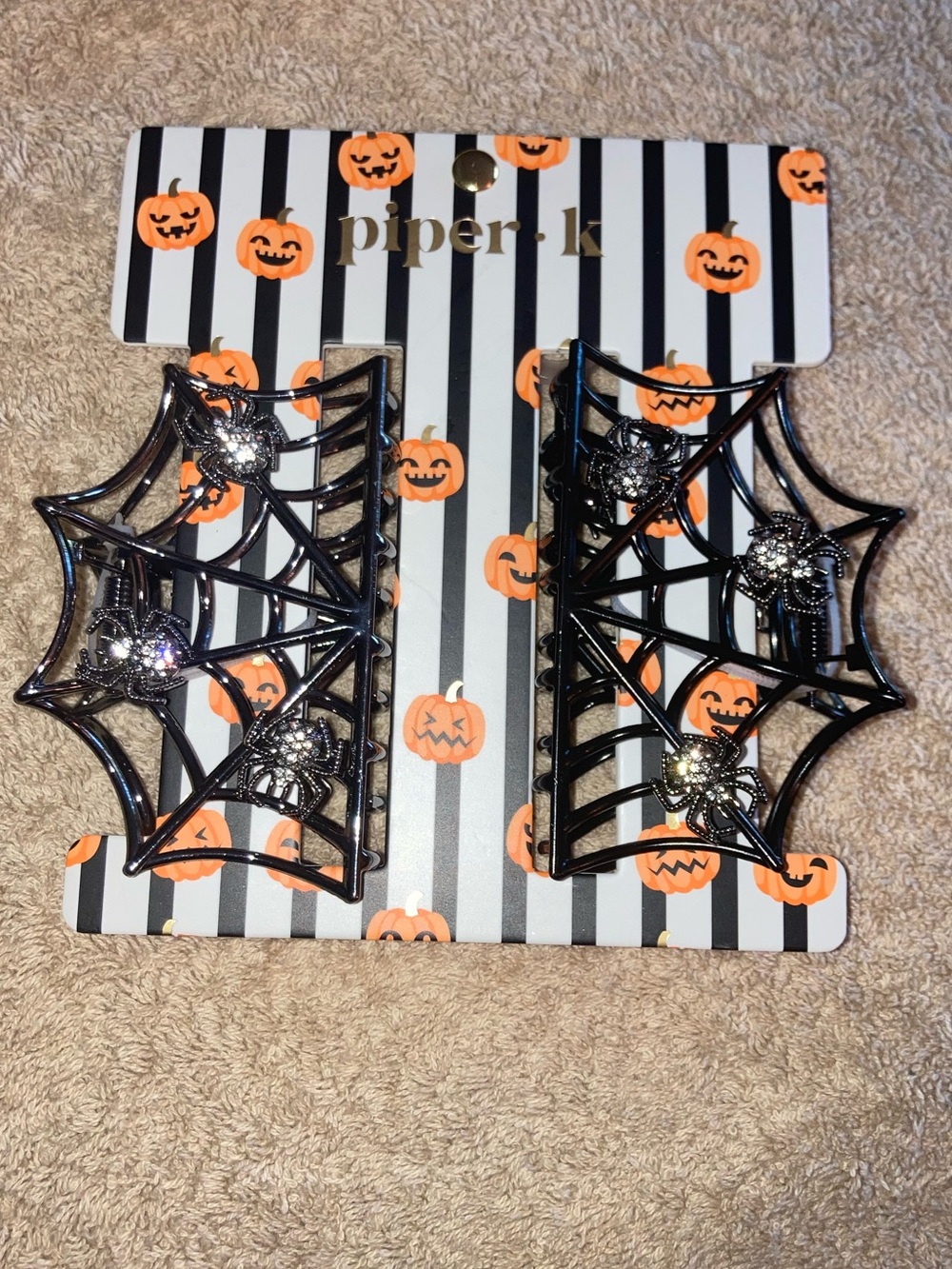 Piper K Spider Web Hair Clips with Rhinestone Spiders Black Metal - NWT